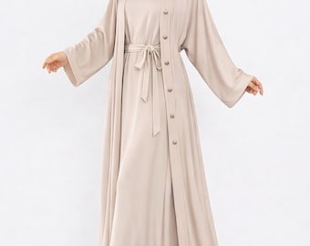 Beige abaya-set, 2-delige bescheiden maxi-jurk, elegante kaftan met lange mouwen voor dames