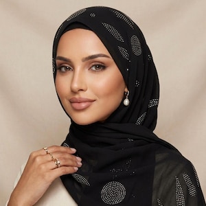 Svart chiffong hijab med strass, lätt och blygsam huvudduk för vardagsbruk, bröllop bild 1
