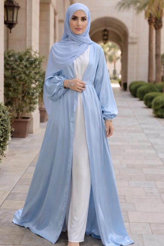 eid dress blue Sky Open Abaya Kimono, Satin Modest Dress, Elegant Outfit Size:Size 26W like fabric *Flowy open subcat_Midi-Dresses Free People Shirt Dress
