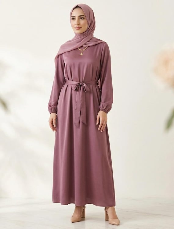 eid formal dresses Modest Satin Maxi Dress Women Long Sleeve Abaya Evening Dress Dress-Winter2023