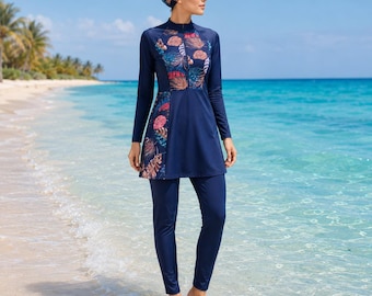 Traje de baño Burkini modesto para mujer / Conjunto de traje de baño musulmán de 3 piezas / Traje de baño de cobertura total / Ropa de playa islámica / Traje de baño modesto