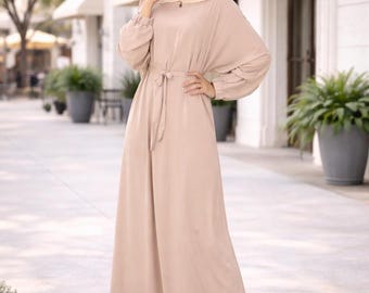 beige modest dress Long Sleeve Maxi for Women | Elegant Dress | Casual Islamic Clothing | Loose Fit Abaya La Femme 31802 Beaded Default Category/Baby Shower/Photoshoot Gowns Finished with balloon sleeves Color:White Blue Flower