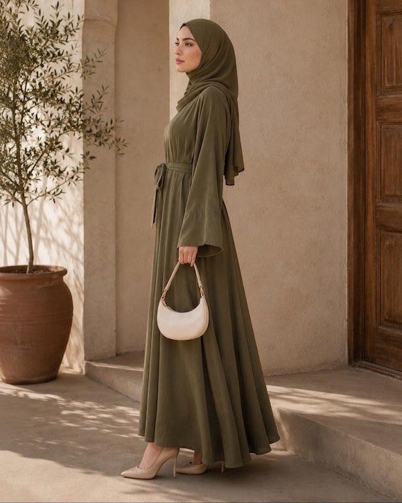 olive green abaya dress Set, 2 Piece Modest Maxi With Hijab, Dubai Style Dress New-arrivals