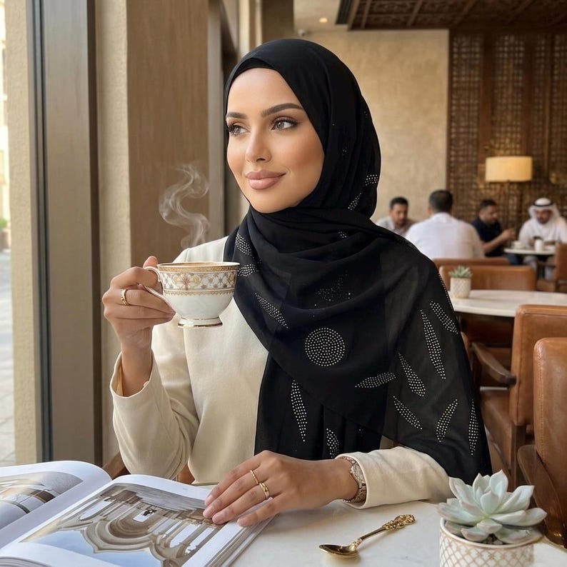 Svart chiffong hijab med strass, lätt och blygsam huvudduk för vardagsbruk, bröllop bild 2