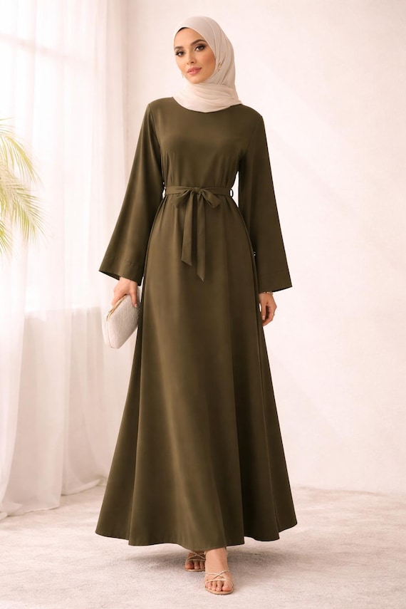 modest dresses islamic Olive Green Maxi Dress for Women | Muslim Abaya Dress | Long Sleeve Dress | Belted Maxi Dress | Eid Outfit women Size. Size:46S size:7W Formal dress New Arrival African Dresses