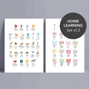 May include: Two printable posters for home learning. The first poster features the alphabet with illustrations for each letter. The second poster features numbers 1 through 20 with illustrations for each number.