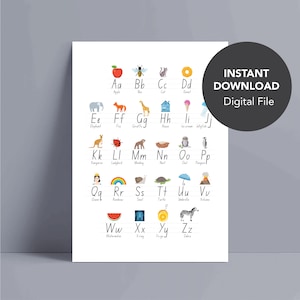 May include: A colourful alphabet chart with illustrations of objects starting with each letter. The chart features a red apple for A, a bee for B, a cat for C, a doughnut for D, an elephant for E, a fox for F, a giraffe for G, a house for H, ice cream for I, a jellyfish for J, a kangaroo for K, a ladybird for L, a monkey for M, a nest for N, an owl for O, a penguin for P, a queen for Q, a rainbow for R, a snail for S, a turtle for T, an umbrella for U, a volcano for V, a watermelon for W, an X-ray for X, a yo-yo for Y, and a zebra for Z.