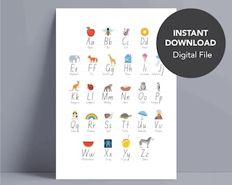 Alphabet Poster printable, Cursive, Australian Schools NSW Font, A to Z, ABC Print, Instant download,  Nursery decor, Educational