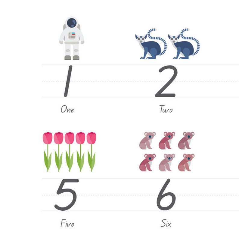May include: A colorful educational chart with illustrations of an astronaut, lemurs, tulips, and koalas. The numbers one through six are written out with the corresponding number of images. The words "One", "Two", "Five", and "Six" are written below the numbers.