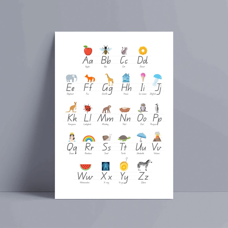 May include: A colorful alphabet chart with illustrations for each letter. The chart features an apple, bee, cat, donut, elephant, fig, giraffe, house, ice cream, jellyfish, kangaroo, ladybug, monkey, nest, owl, penguin, queen, rainbow, snail, turtle, umbrella, volcano, watermelon, x-ray, yo-yo, and zebra.