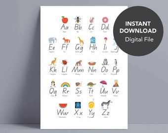 ABC Poster printable, Alphabet print download, Alphabet wall art, Nursery decor, A-Z instant art, Child's learning, Educational.