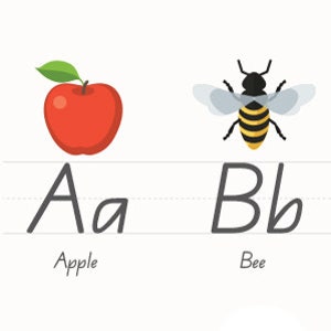 May include: An illustration of the letters A and B with a red apple and a yellow and black bee. The letter A is written in cursive and the word "Apple" is written below it. The letter B is written in cursive and the word "Bee" is written below it.