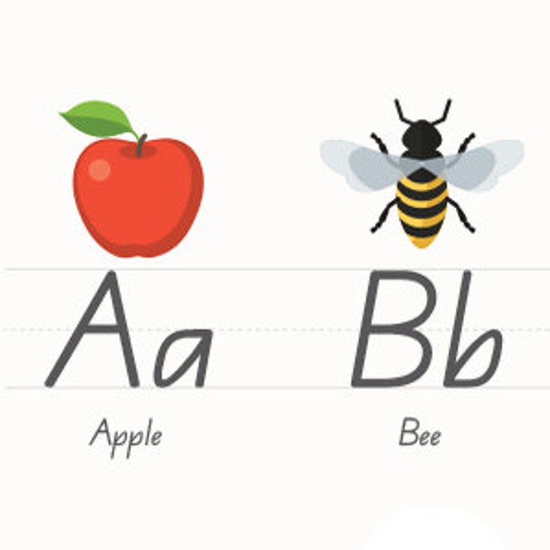 May include: An illustration of the letters A and B with a red apple and a yellow and black bee. The letter A is written in cursive and the word "Apple" is written below it. The letter B is written in cursive and the word "Bee" is written below it.