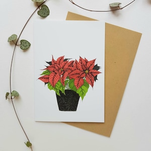 Biglietto d'auguri con pianta di stella di Natale, illustrato a mano, formato A6