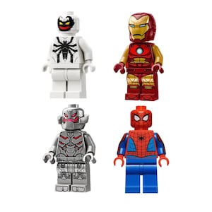Op de afbeelding: Vier Lego Marvel superheld minifiguren: een witte figuur met een zwart spinnenmotief, Iron Man in rode en gouden pantser, een zilveren Ultron figuur en een rode en blauwe Spider-Man.