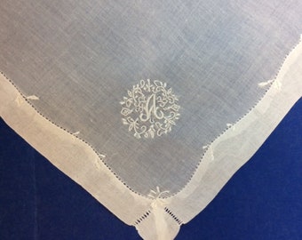 Hand Embroidered Ladies Initialed Handkerchief 14" Cotton, 13 Letters Available FREE SHIPPING.