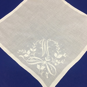 Vintage Hand Embroidered Initial Handkerchief: 14&quot; Cotton - Letter W