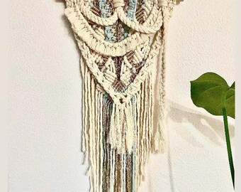 Boho Macrame Wall Hanging, Gold & Blue Home Decor, 12x28