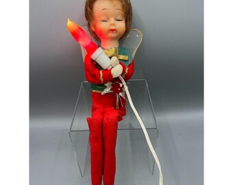 1960s Lighted Christmas Elf Angel Doll Sitting Shelf Vintage Doll Red Felt Works