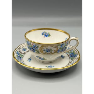 Vtg Schumann Bavarian Teacup & Saucer Set Demi Tasse Forget Me Not Blue Gold Rim