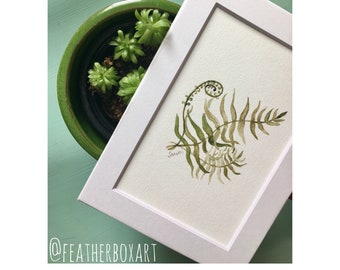 Frond: 7"x5" Fern Fronds Botanical Watercolor Matted Print