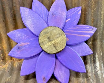 Violet purple wooden flower wall decoration handmade from upcycled recycled cedar