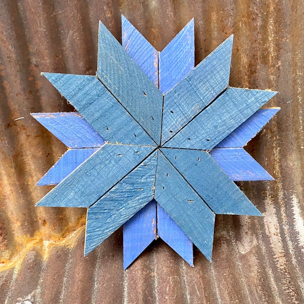 Blue wooden miniature barn quilt wall or door display handmade from repurposed salvaged materials