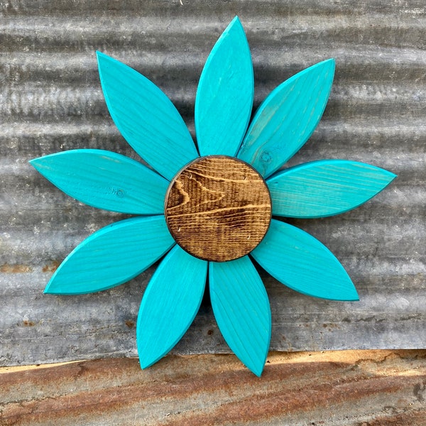 Vibrant turquoise wooden flower wall decoration handmade from reclaimed salvaged pine