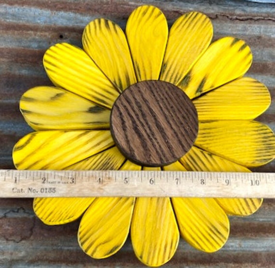 Yellow wooden daisy wall art made from reclaimed hardwood Sold Etsy
