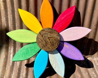 Rainbow wall decoration multicolored wooden flower wall hanging handcrafted from reclaimed materials