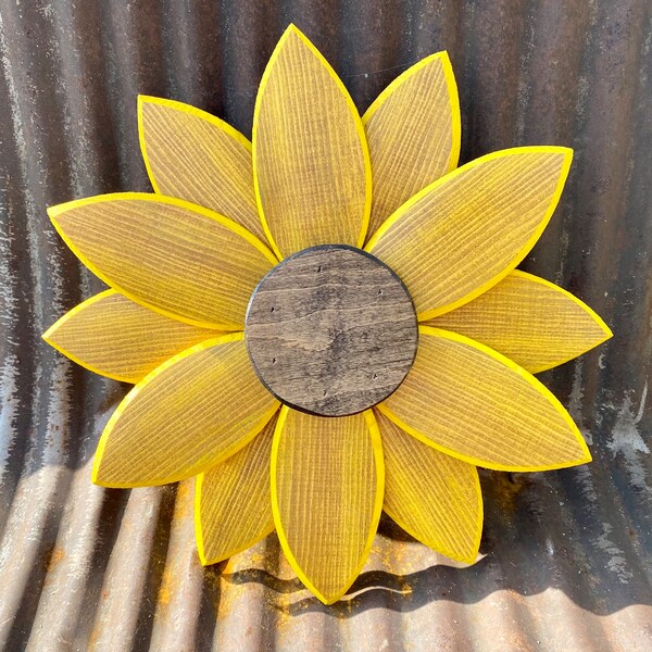 Yellow wooden daisy wall decoration handmade from recycled materials