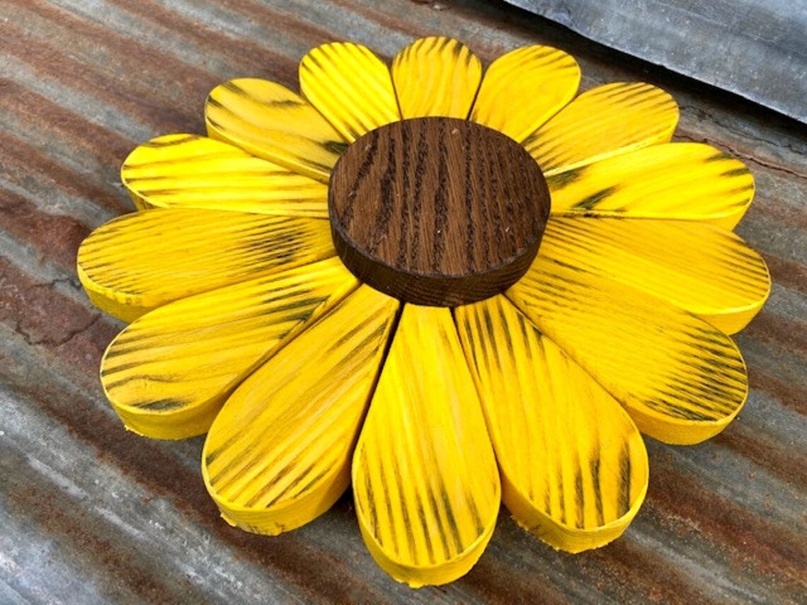 Yellow wooden daisy wall art made from reclaimed hardwood Sold Etsy