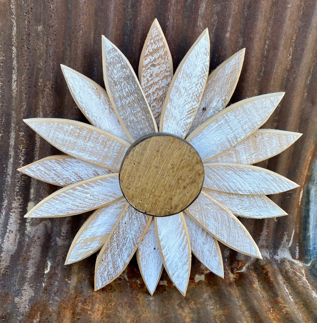 White Wooden Flower Wall Decor Handmade From Repurposed Rough Sawn