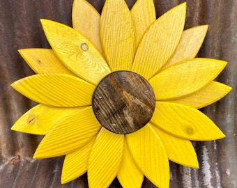 Yellow daisy wallflower home wall decor handmade from reclaimed pine