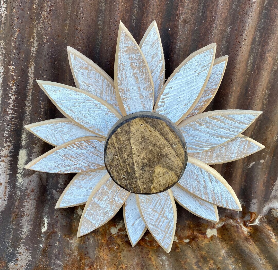 Small Distressed White Flower Wall Decoration Handmade From Rough Sawn