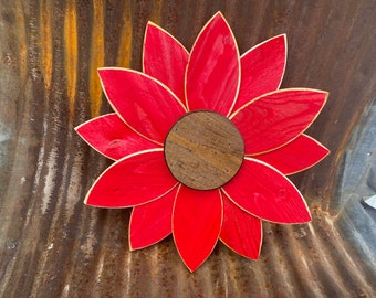 Red wooden daisy wall art handcrafted from salvaged reclaimed pine