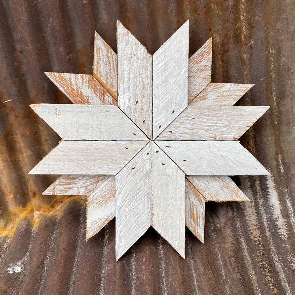 White wooden miniature barn quilt wall decoration handcrafted fromReclaimed salvaged materials
