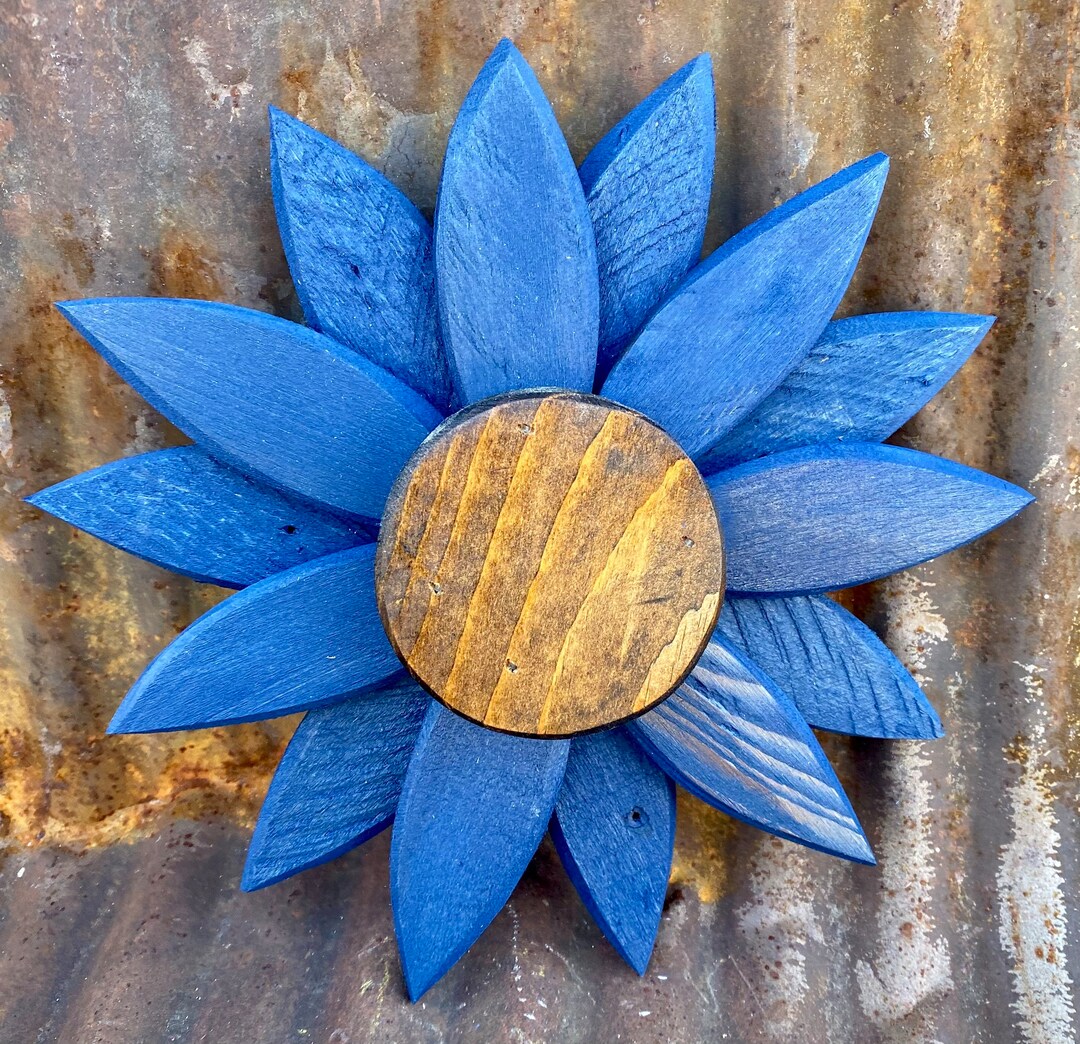 Small Blue Wooden Flower Wall Decor Handcrafted From Reclaimed Etsy