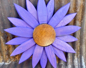 Purple wooden flower wall decoration handcrafted from 100 % recycled materials