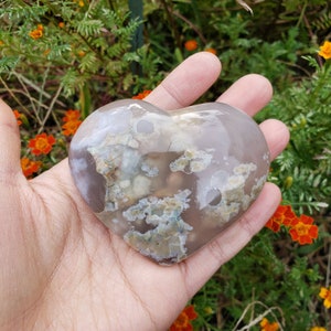 Flower Agate Heart Carving with Druzy Pocket