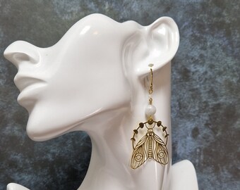 Moonstone Lunar Moth Earrings - Moon phase ear hangers - Magical beaded Earrings