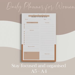 Planificador diario imprimible para mujeres emprendedoras con enfoque, cronograma y tareas principales