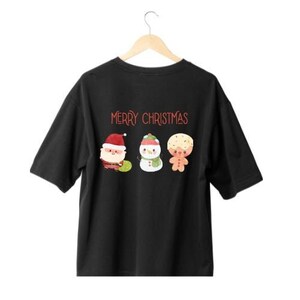 May include: Black t-shirt with a red "Merry Christmas" text and cartoon images of Santa Claus, a snowman, and a gingerbread man.