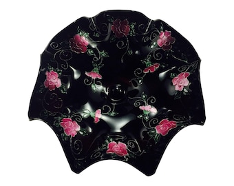 Hand Blown Glass Large Fruit Bowl - Candy Dish, Centerpiece,Pink Hand Painted Flowers