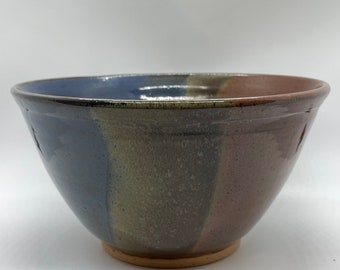 Large Handmade Pottery Bowl, Ceramic Stoneware Functional, Deep Red, and Blue Shino Glaze on speckled brown clay body.