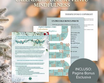 Può includere: Un set di materiali stampati per un calendario dell'avvento di mindfulness. Il testo principale recita "CALENDARIO DELL'AVVENTO MINDFULNESS". Il design include una combinazione di colori verde acqua e bianco. Include una pagina bonus.