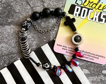 Black and Red gothic Sensory fidget bracelet. Hematite roller bead, silicone, glass, stainless steel and acrylic beads. Multiple sizes.