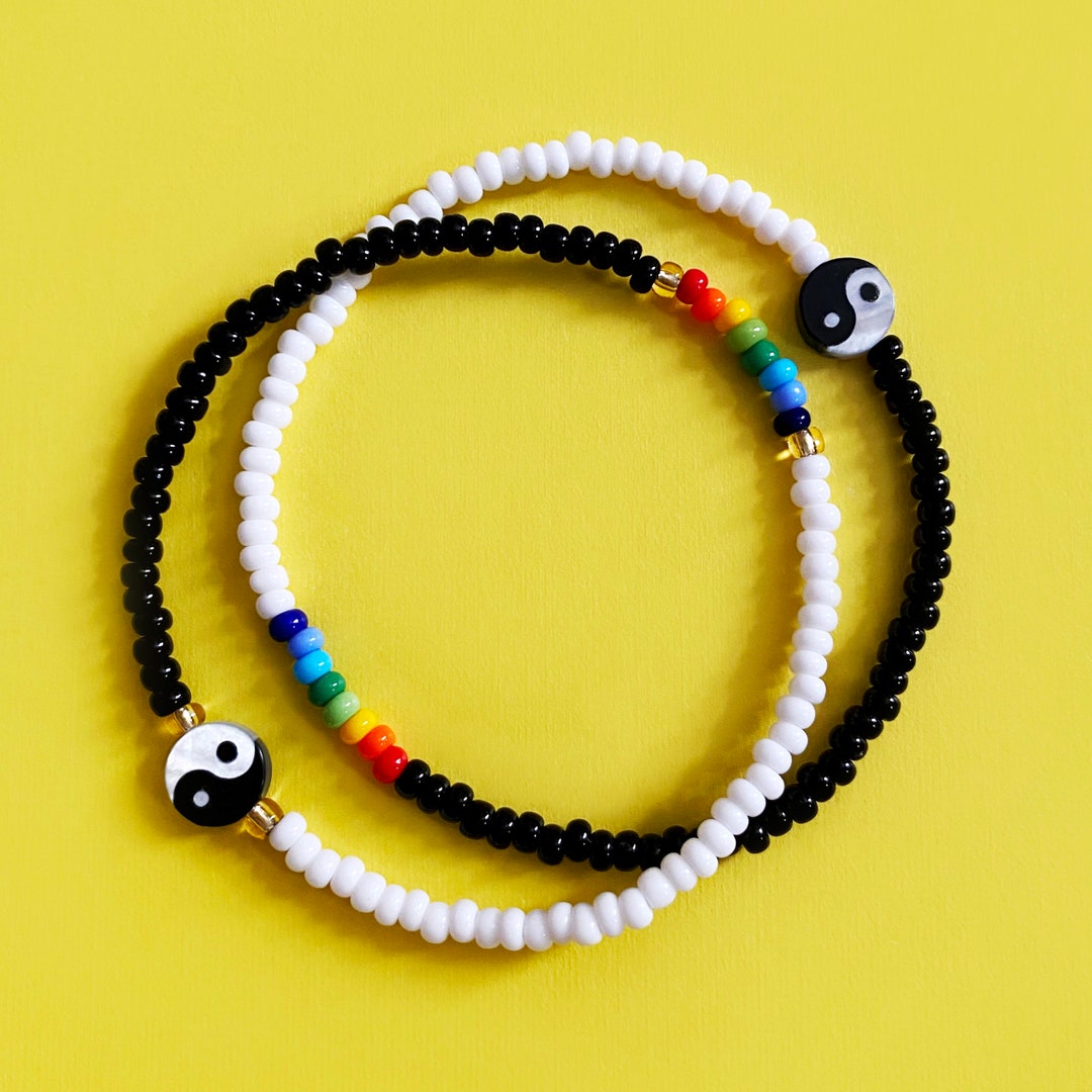 Yin Yang Bracelet. Black and White With Rainbow. Glass Seed Etsy