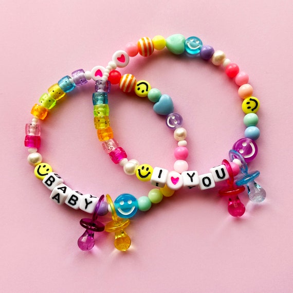 Mixed Bead Bracelet With Dummy Charms. 90s Style. Can Be Personalised With  Any Name or Word. Multi Coloured Rainbow Beads, Smileys, Heart. 