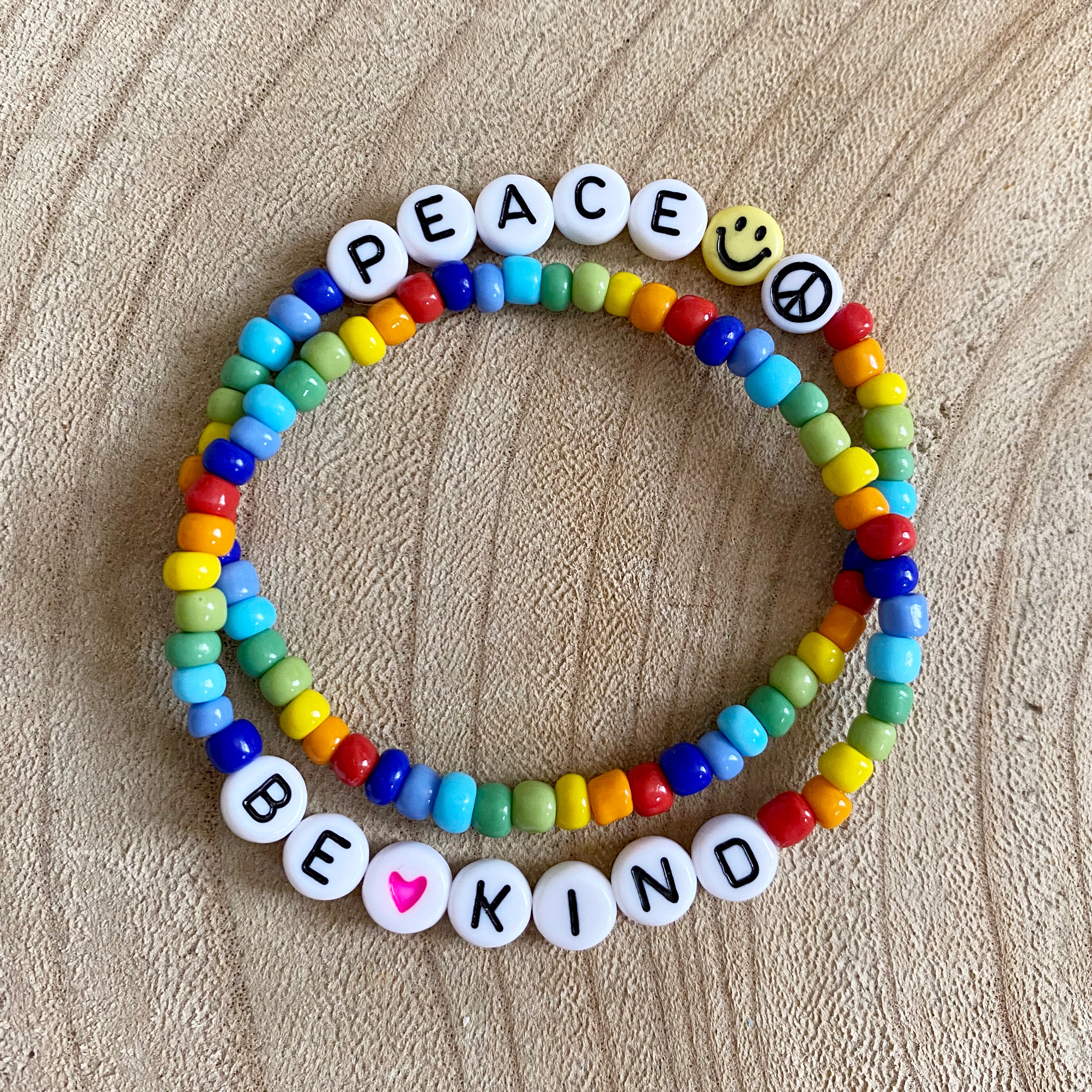 Rainbow Beaded Bracelet. Glass Beads with Acrylic Letters. Be Kind. Love. Peace. Pride